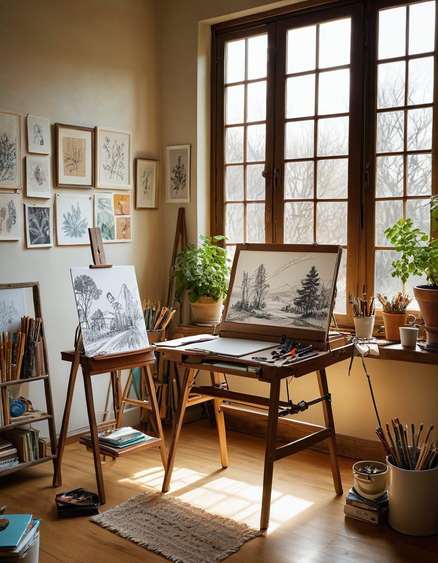A serene artist's workspace filled with stunning Hintai-style artworks, featuring a mix of delicate line drawings and vibrant colors. Include an easel, paintbrushes, and an open sketchbook showcasing beautiful, soft sketches. Add a cozy window with gentle sunlight streaming in, and colorful art supplies scattered around. Infuse a magical, inspiring atmosphere that invites creativity. painting. vibrant colors. warm lighting.