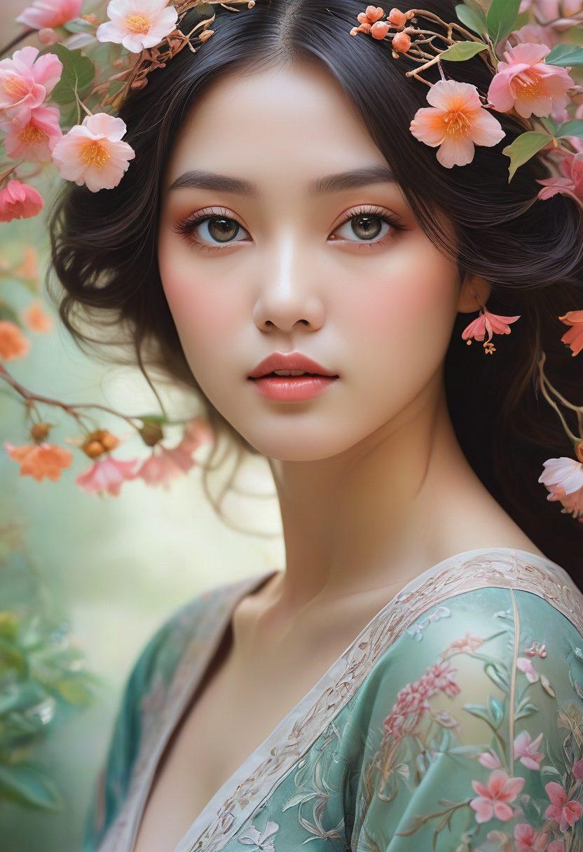 A captivating work of hintai art showcasing elegant figures intertwined with nature, incorporating soft pastel colors and intricate patterns. The scene should evoke a sense of mystery and allure, featuring floral elements and gentle curves that draw the viewer in. Include subtle textures to enhance depth, with soft lighting casting ethereal shadows. Ideal for an artistic blog cover. vibrant colors. soft lighting. super-realistic.