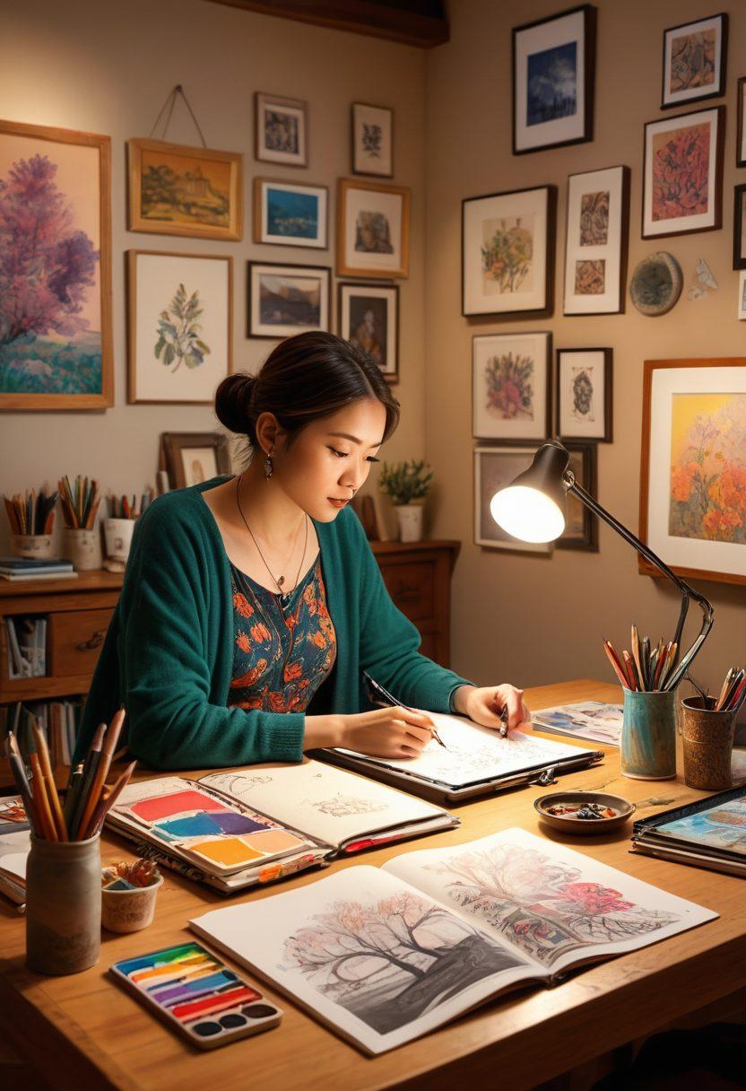 A vibrant and colorful workspace filled with art supplies and sketches of hintai art, showcasing a variety of unique characters and expressions. The scene features an artist passionately working on an illustration, surrounded by framed completed artworks on the walls. The atmosphere is inspiring and inviting, with soft lighting creating a cozy ambiance. Include elements of digital art tools and traditional sketchbooks to illustrate the blend of techniques. vibrant colors. super-realistic. cozy setting.